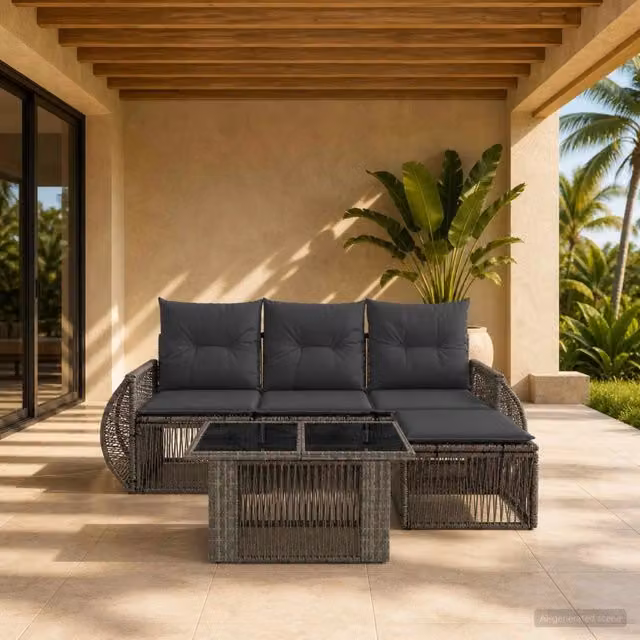Set Divano da Giardino 5 Pezzi vidaXL in Polyrattan Grigio con Tavolino e Cuscini