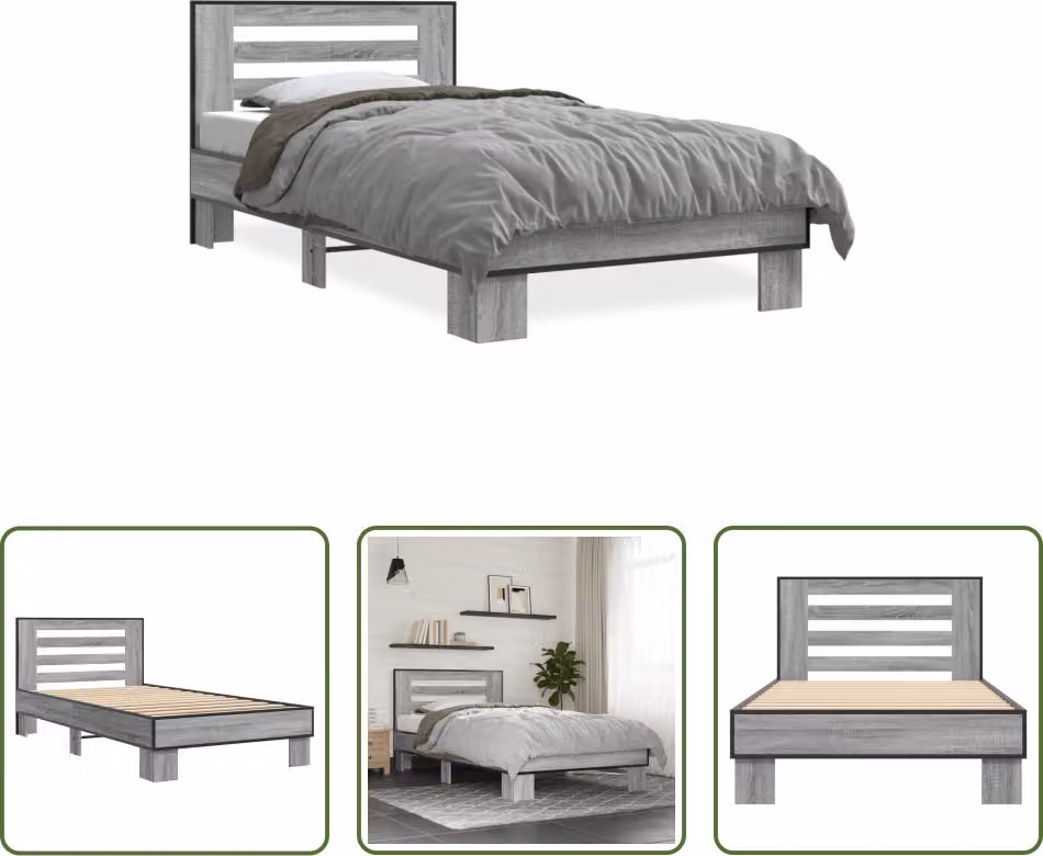 The Living Store Struttura letto Grey Sonoma 100x200 cm Materiale a base di legno e metallo