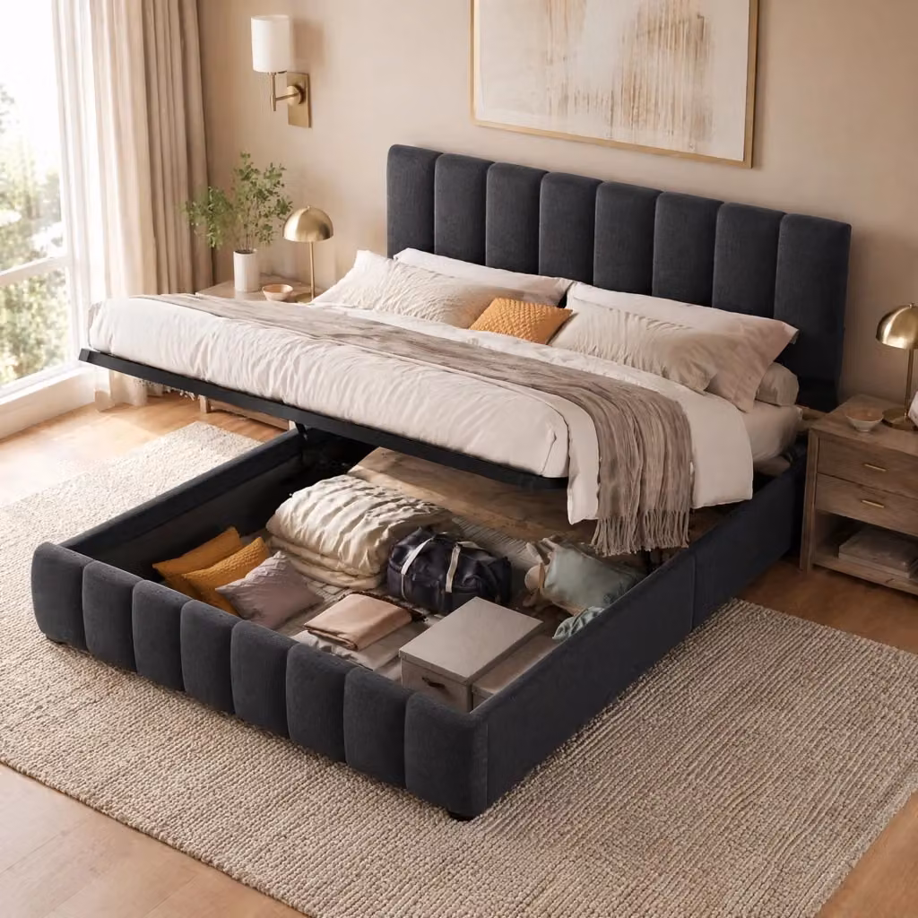 Letto contenitore Mivray in tessuto lino grigio con apertura idraulica e testiera regolabile L/P/H: 212 x 140 x 153 cm – 2