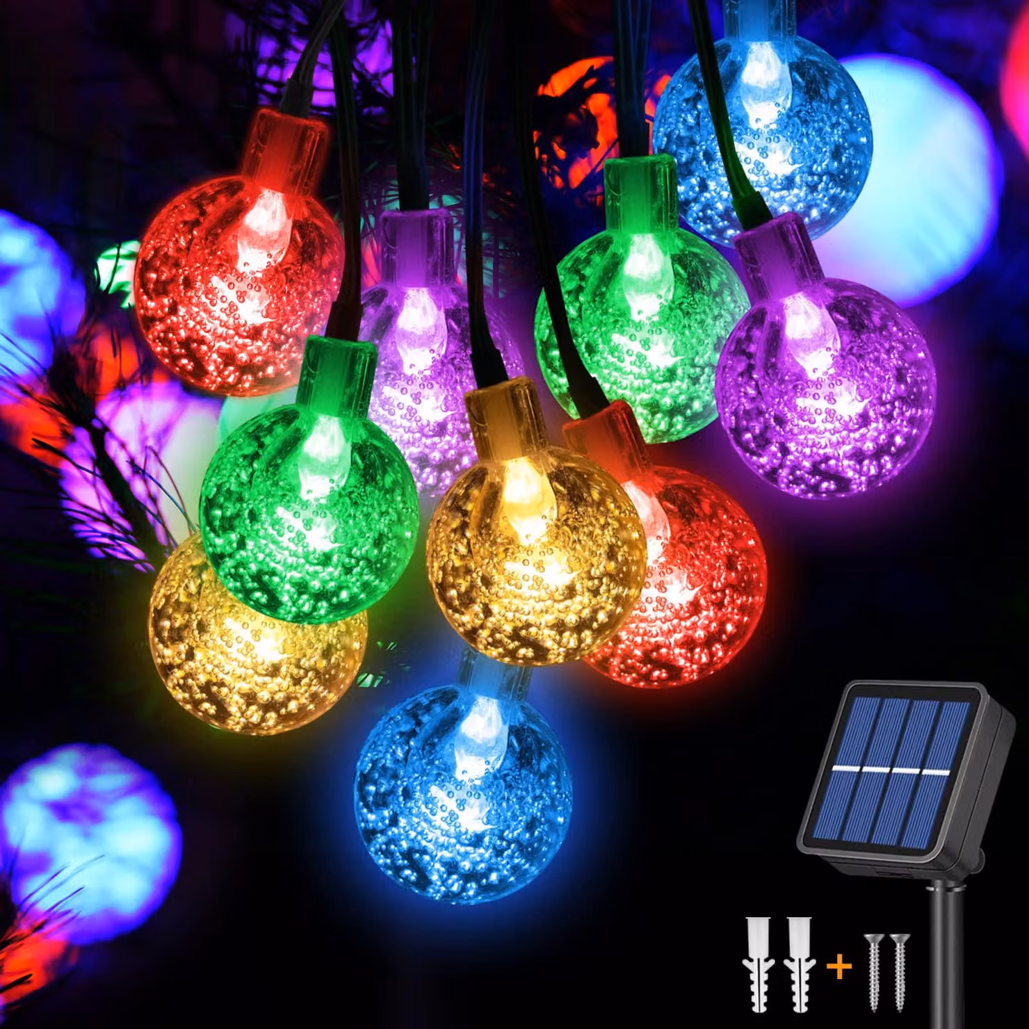 Catena luminosa solare con 50 LED, lunghezza 7,5 metri, 8 modalità, grado di protezione IP65, multicolore