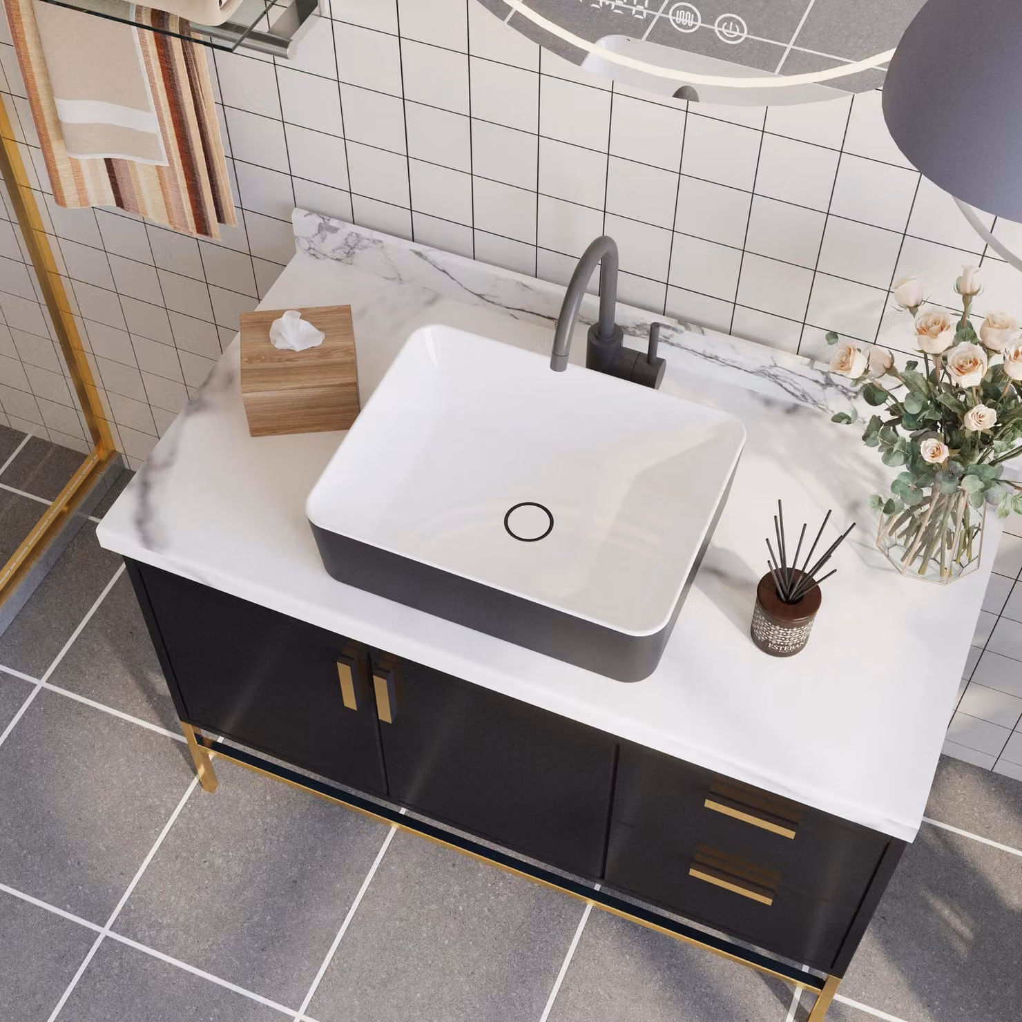 Lavabo da appoggio - DV-1V0001 - Vetroceramica - Rettangolare - 47,5 x 37,5 x 13 cm - Senza foro per rubinetto - Smaltato - Esterno nero/Interno bianco