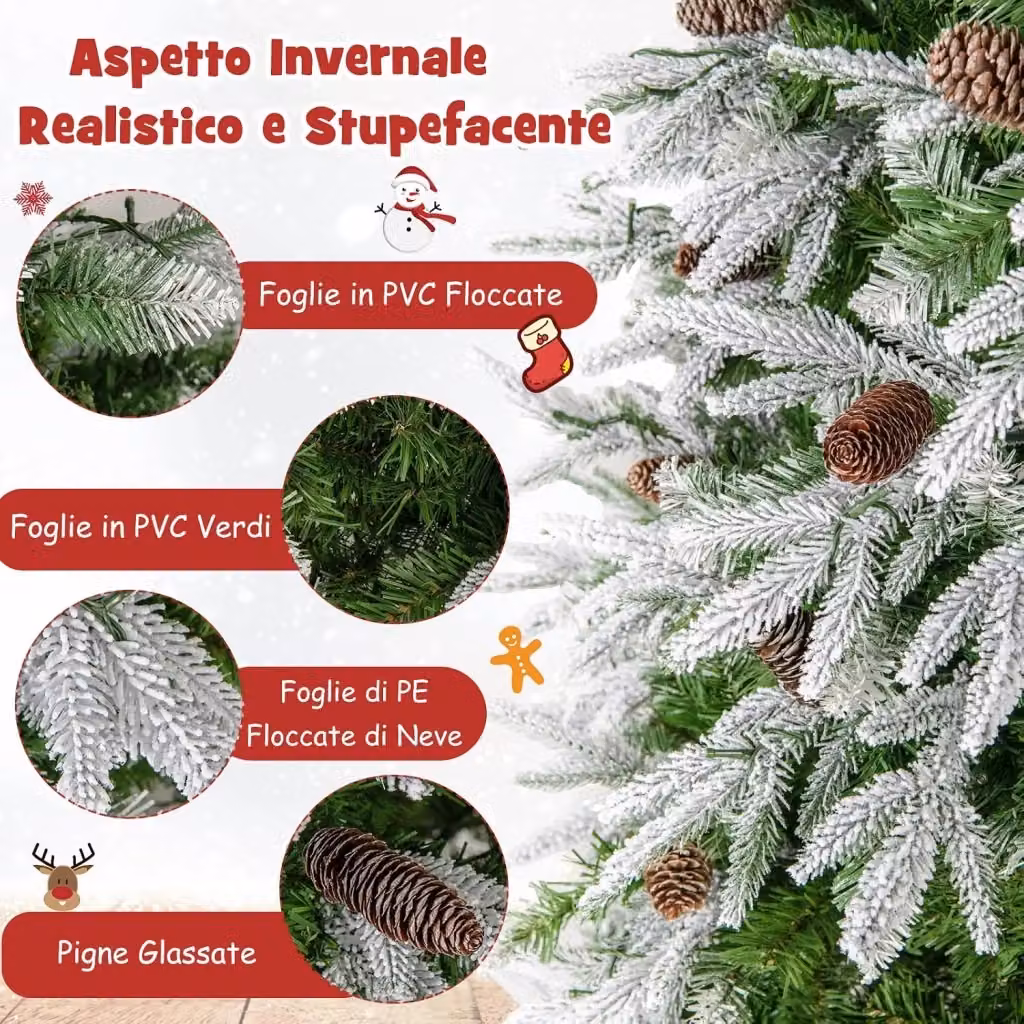 Albero di Natale Artificiale Innevato Costway Verde con 470 Luci LED Bianche Calde, 1135 Punte e 81 Pigne, Altezza: 225 cm – 2