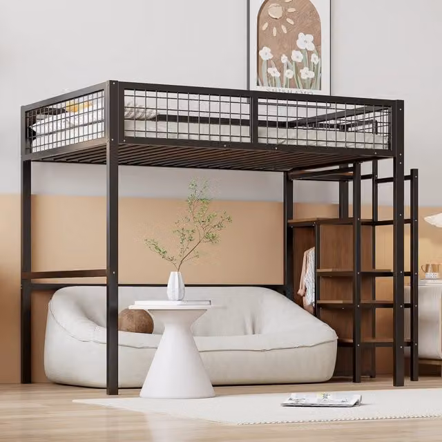Letto a soppalco Chicfurn in metallo nero con scala, armadio e ringhiera, L/P/H: 200 x 140 x 249 cm