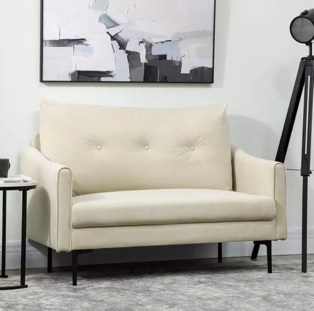 Divano 2 posti ULEVR 124 cm con imbottitura in schiuma da 16 cm, struttura in metallo, bianco crema