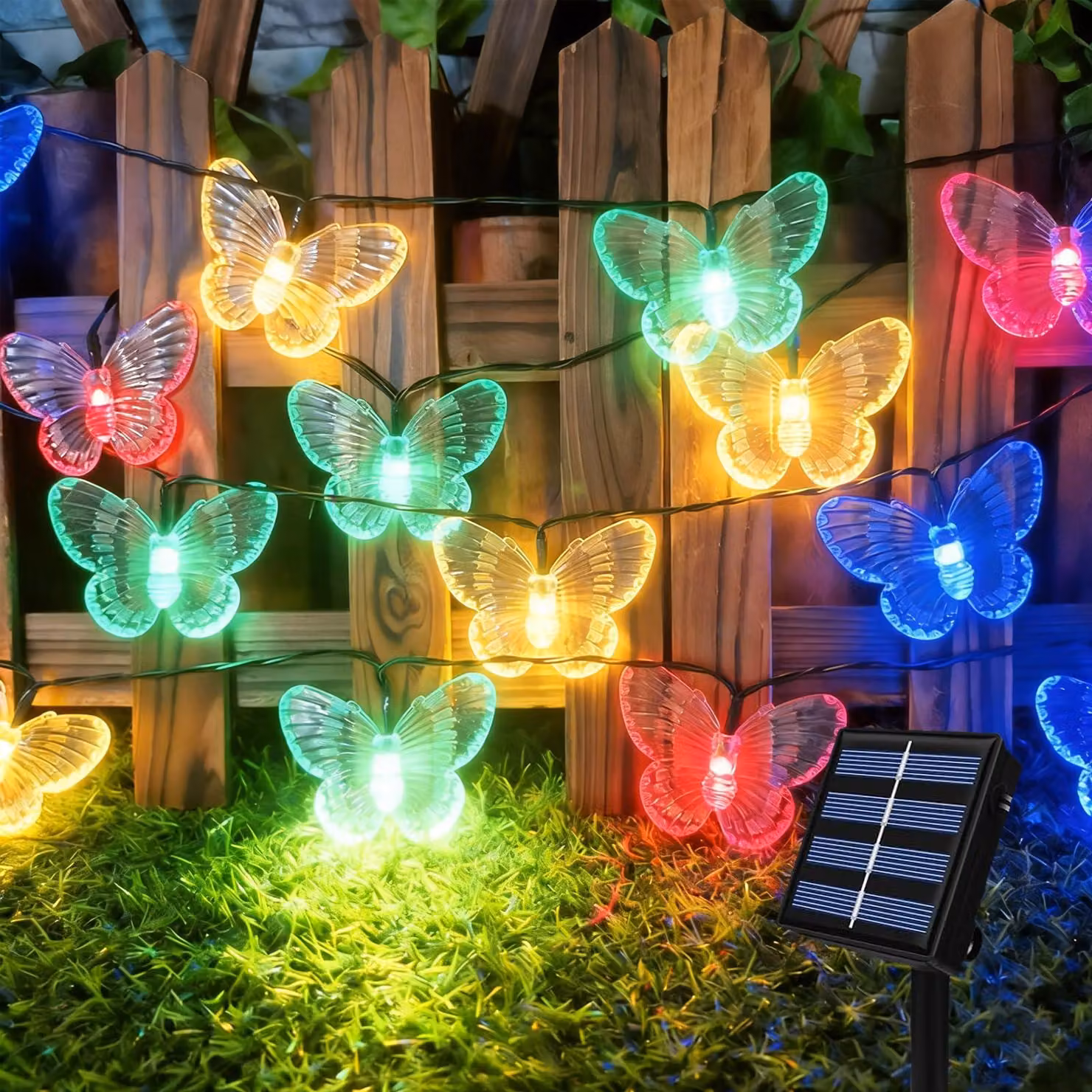 Catena luminosa solare, 6,5 metri, 30 LED a forma di farfalle, multicolore, 8 modalità, impermeabile