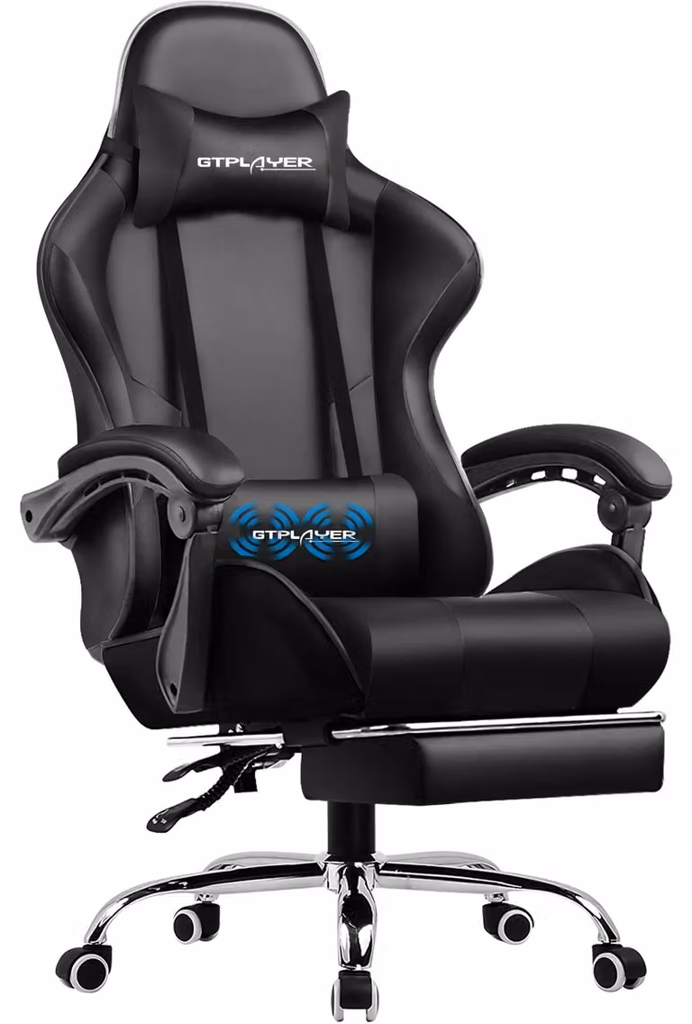 Sedia da gaming ergonomica - Sedia da ufficio - Funzione massaggio - Poggiapiedi estraibile - Regolabile in altezza - Cuscino lombare - Fino a 150 kg - Nero