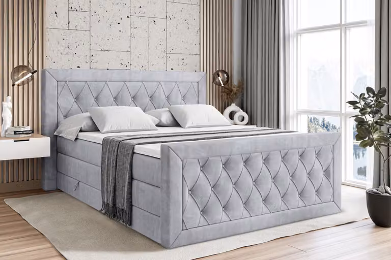 Letto boxspring ALTDECOR con materasso e rete a doghe, topper, pediera, letto imbottito con contenitore, letto con vano portaoggetti, materassi H3 e H4, letto boxspring - NOEL-Z KING - 180x200 - Grigio Monolith