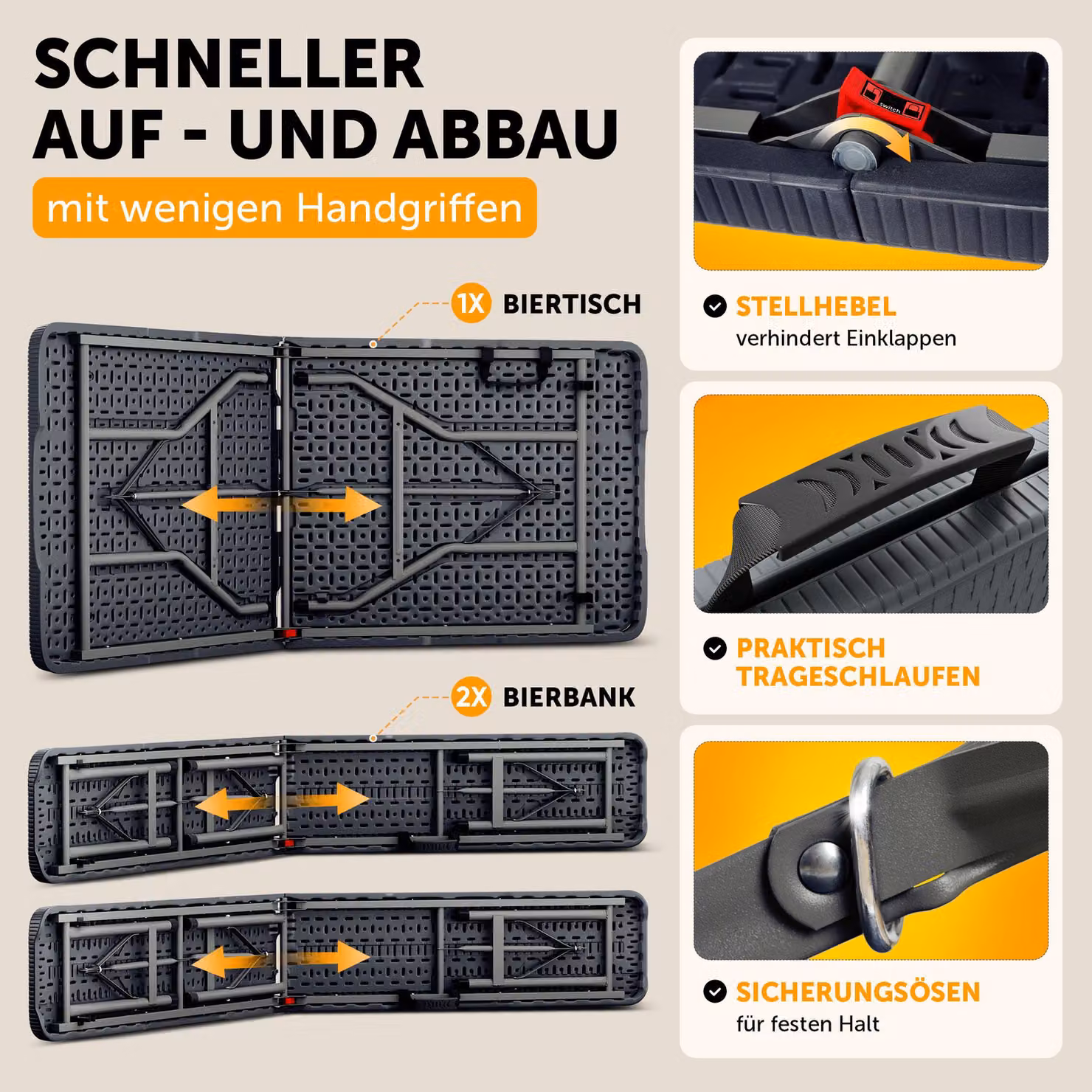 Set da 3 pezzi Blumtal per birreria all'aperto - 2 panche + 1 tavolo - set da birreria all'aperto pieghevole e resistente per 8 persone - con maniglia, effetto rattan grigio