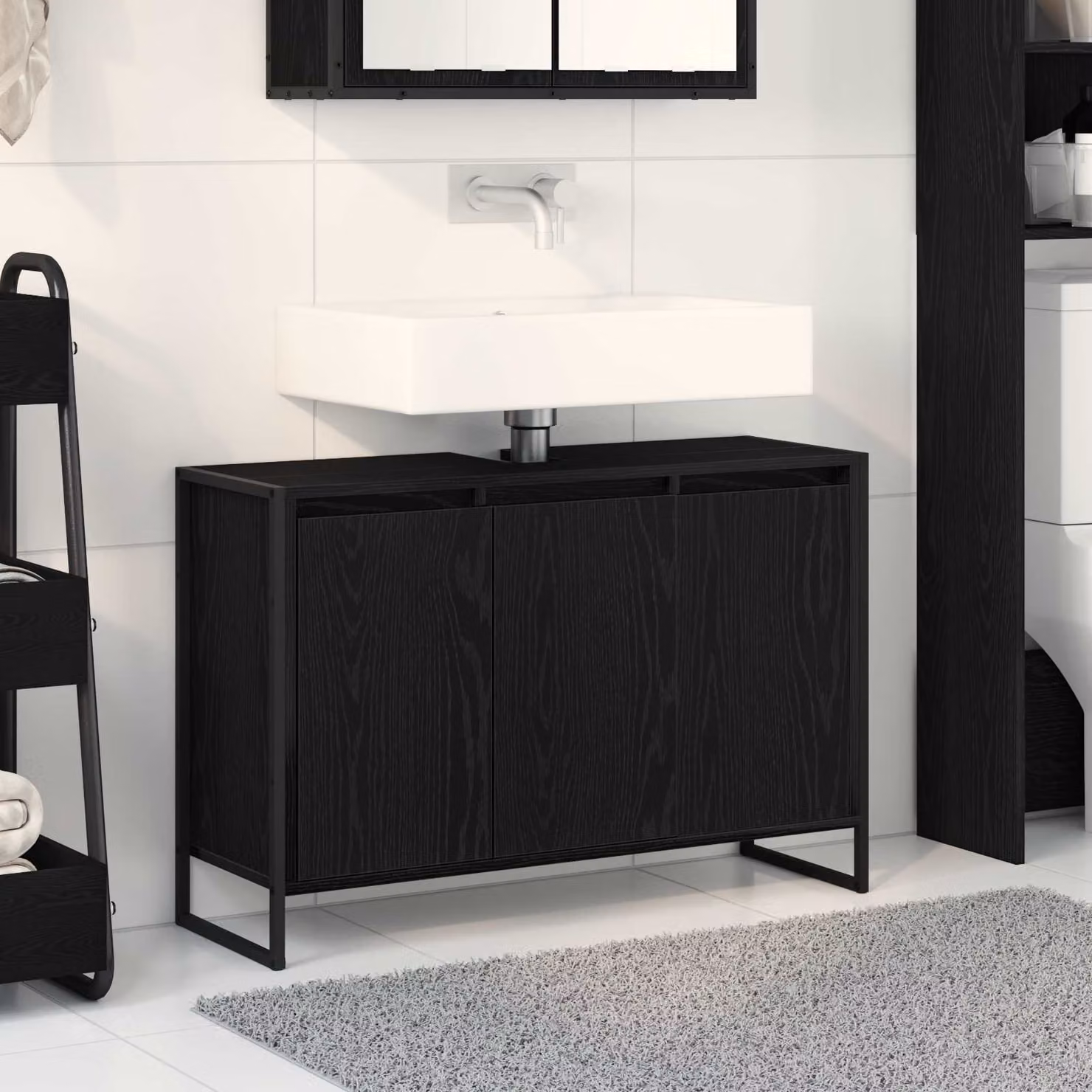Mobile da bagno vidaXL in stile industriale, colore nero e rovere, con ante a cerniera, L 90 x P 30 x H 60 cm