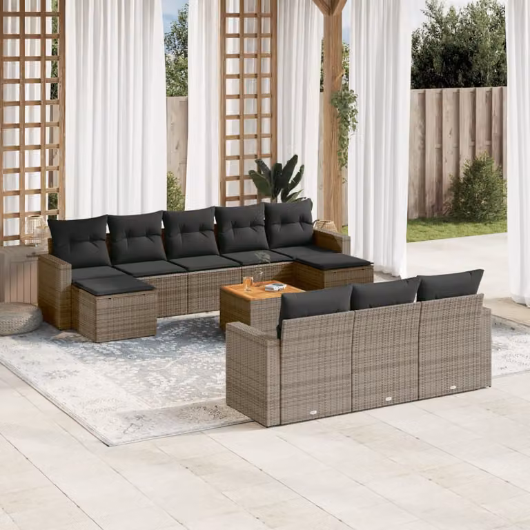 vidaXL Set Divani da Giardino 11 pz in Polyrattan Grigio con Cuscini e Tavolino