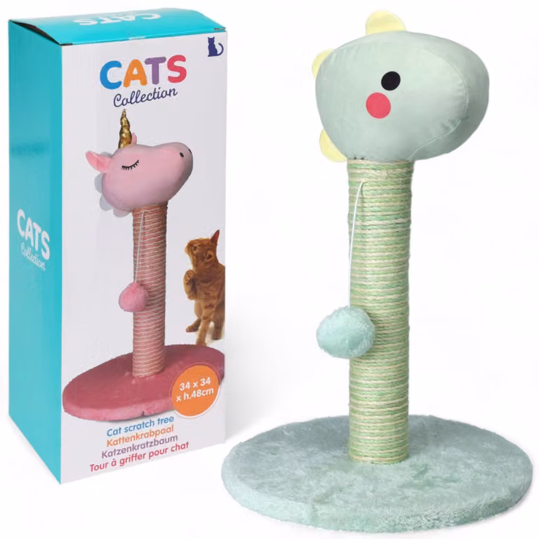 Albero per gatti Kratzbaum, 48 cm di altezza - Divertimento con peluche - Materiale resistente in sisal/iuta - Colore verde dinosauro/rosa unicorno - Favorisce il graffio e il gioco - Montaggio semplice - Albero per gatti