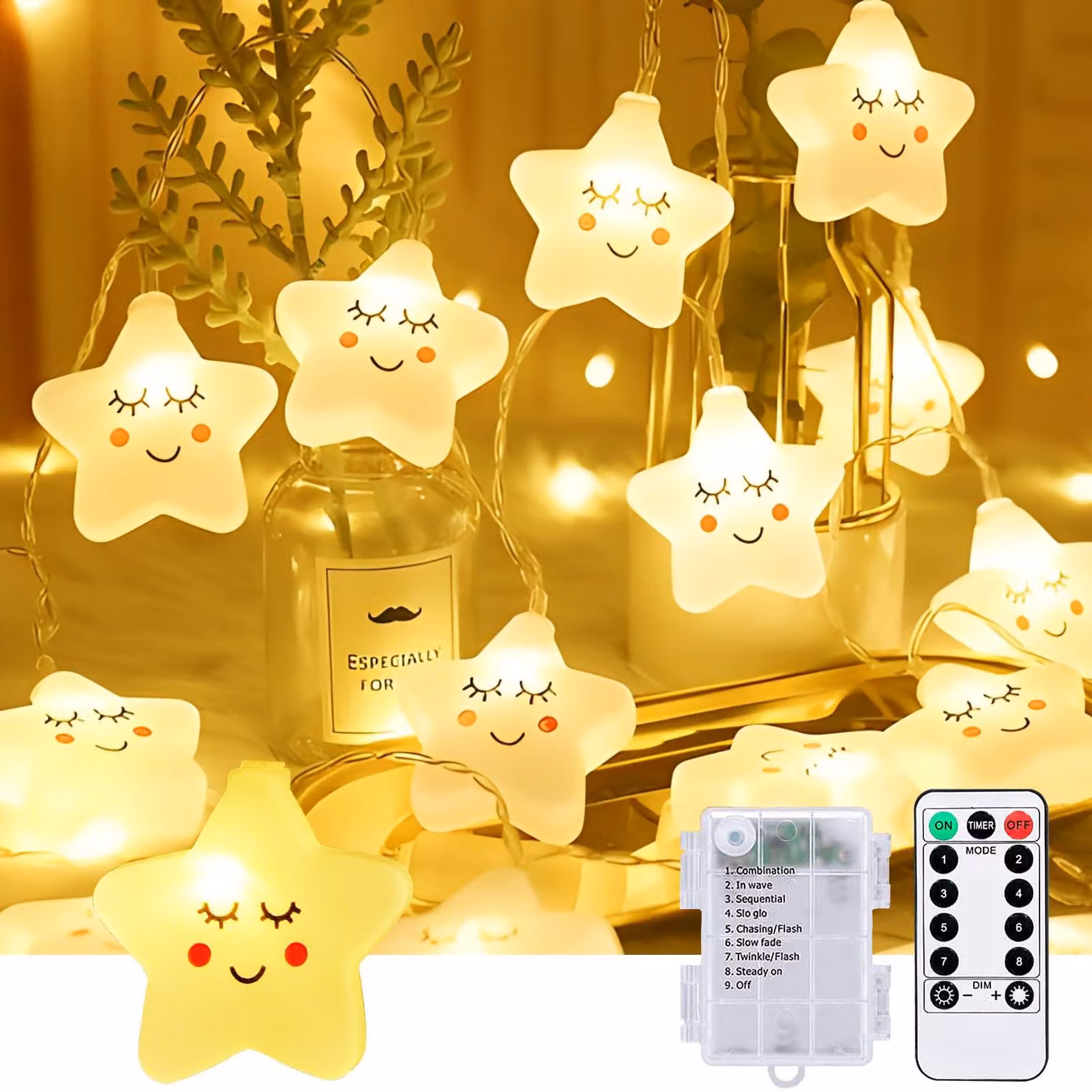Catena luminosa con 20 LED, lunghezza 3 metri, luce bianco caldo, motivo stelle, timer, telecomando