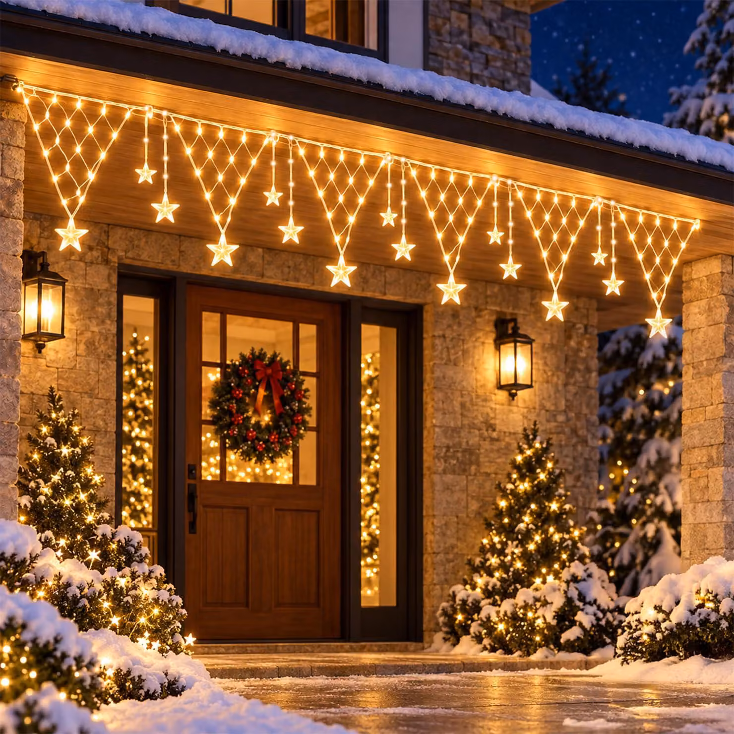 Catena luminosa a LED con 196 stelle, cavo da 2 metri, dimensioni 5 x 0,6 metri, grado di protezione IP65