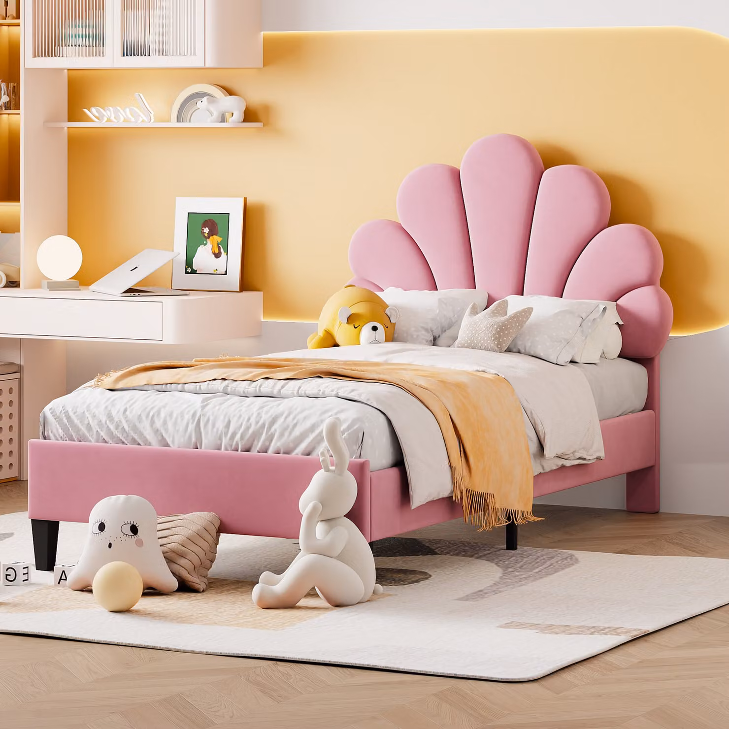 Letto imbottito Flieks 90x200cm in velluto con testata a forma di fiore e rete a doghe letto singolo per bambini letto per donne bambini giovani