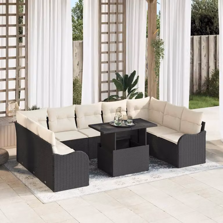 Set Divano da Giardino vidaXL 10 Pezzi in Rattan con Cuscini Beige e Nero per Terrazza e Giardino
