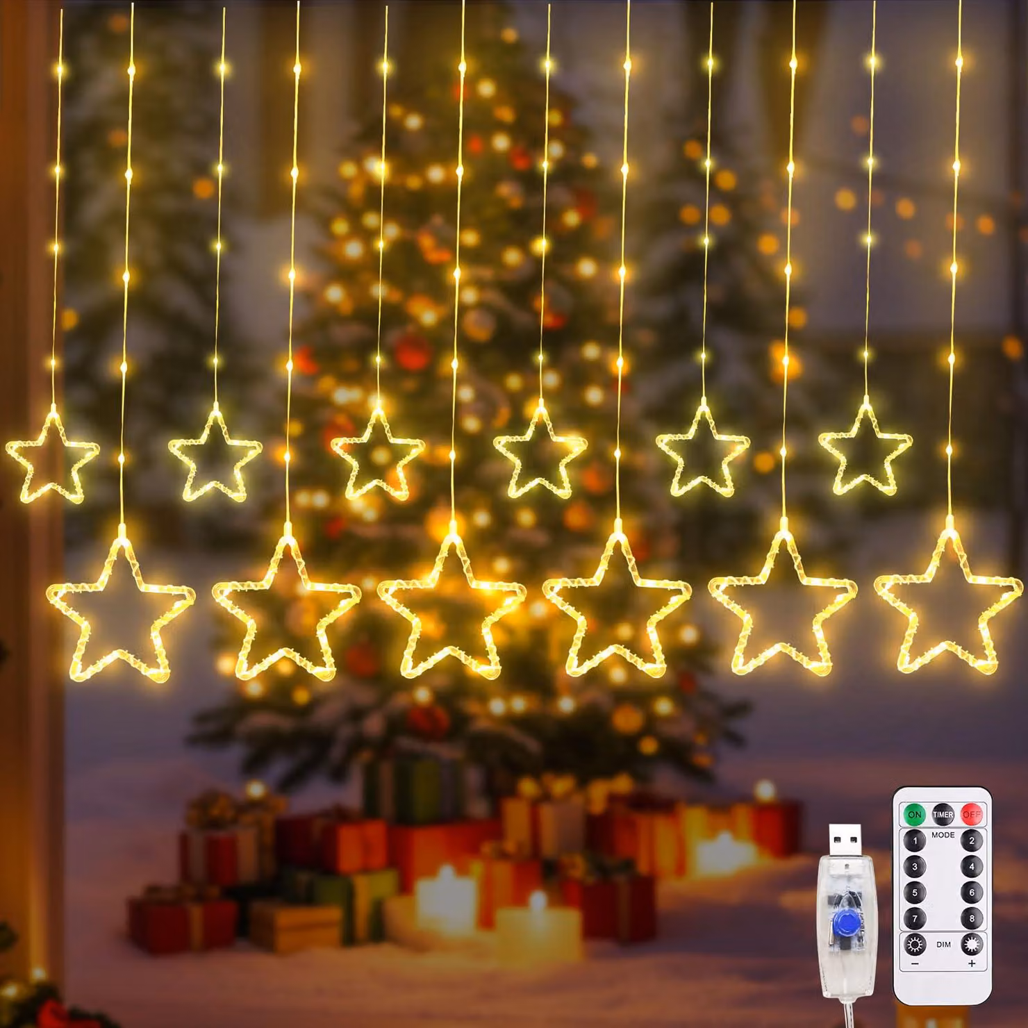 Tenda luminosa a LED a forma di stelle, luce bianco caldo, dimensioni 3,5x5 metri, alimentazione USB, 138 LED, grado di protezione IP44, telecomando