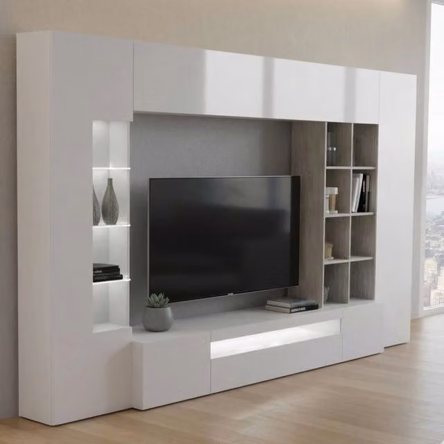 Parete attrezzata da Azuro, Made in Italy, Mobile porta TV, Set salotto moderno, cm 290x40h192, Bianco lucido e Cemento