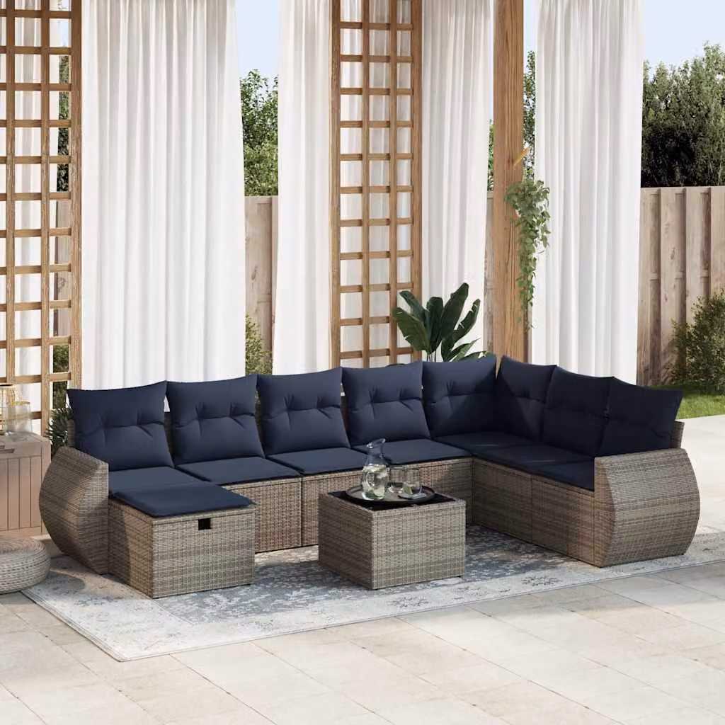 Set Divano da Giardino a L vidaXL 9 pz in Polyrattan con Cuscini e Tavolino, Grigio e Blu