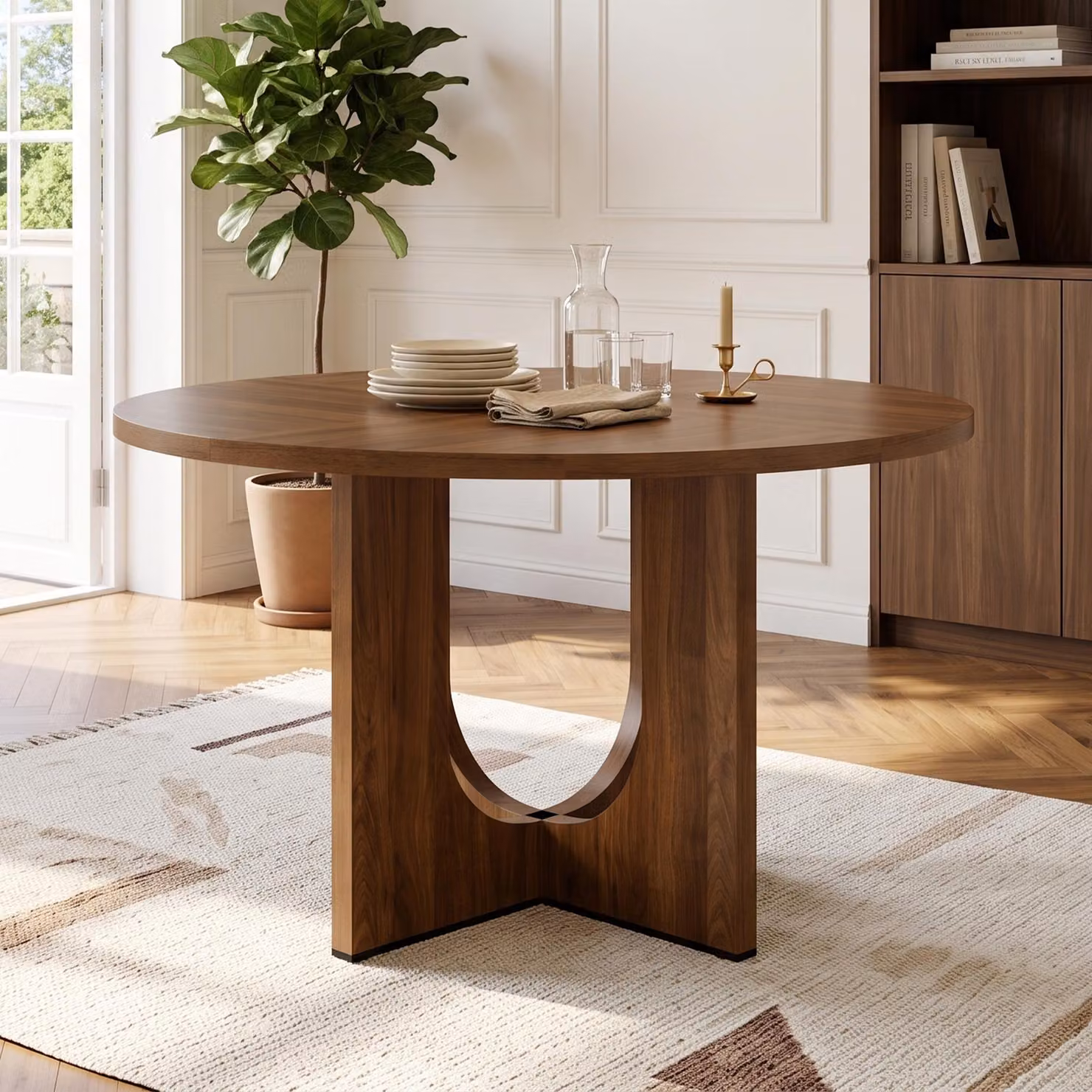 Tavolo rotondo da cucina okwish, design con gamba spezzata, tavolo da pranzo per 4-6 persone, stile moderno, noce