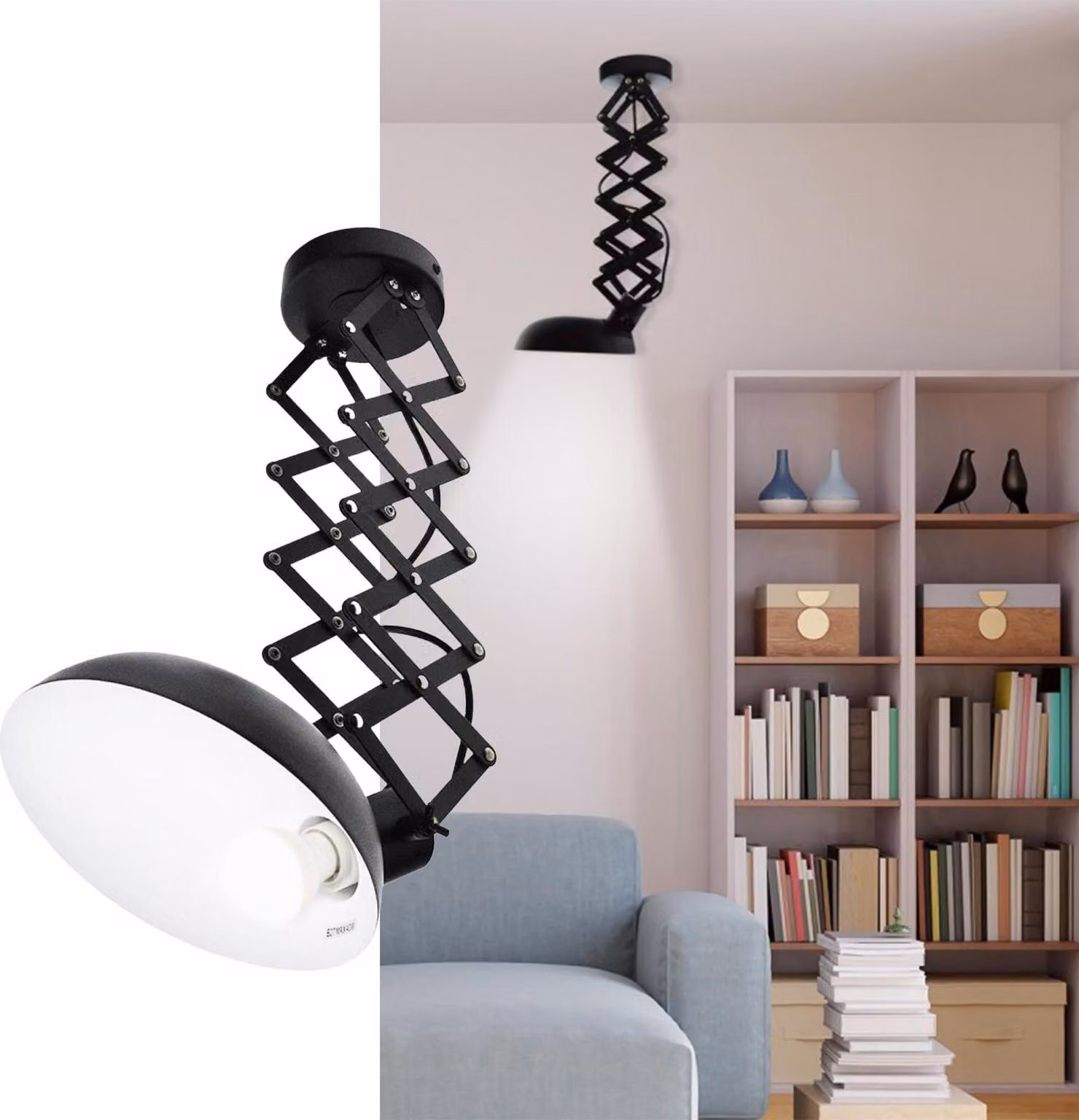 Plafoniera vintage a forbice estensibile in nero "Victor" - Attacco E27 - Stile industriale per studio e camera da letto