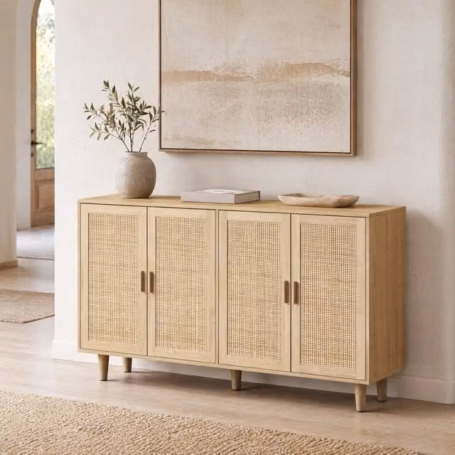 Mobile contenitore ULEVR 158x40x88 cm con 4 ante decorative in rattan e ripiano regolabile, naturale