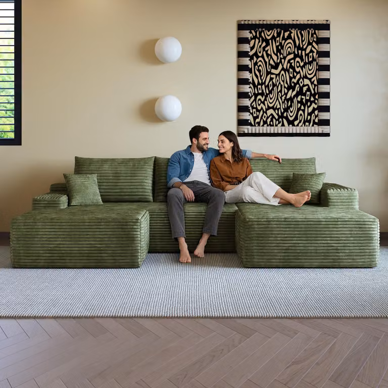 Divano angolare modulare senza struttura interna, con chaise longue a forma di L, design moderno, seduta profonda. Non richiede montaggio