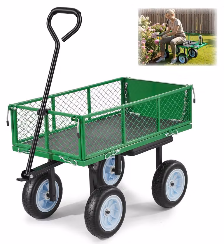 Carrello da giardino - Carrello da trasporto con sedile - Portata 226,8 kg - Pneumatici inPoliuretanoanti-foratura - Maniglia regolabile - Vano porta attrezzi - Per prati e aree verdi