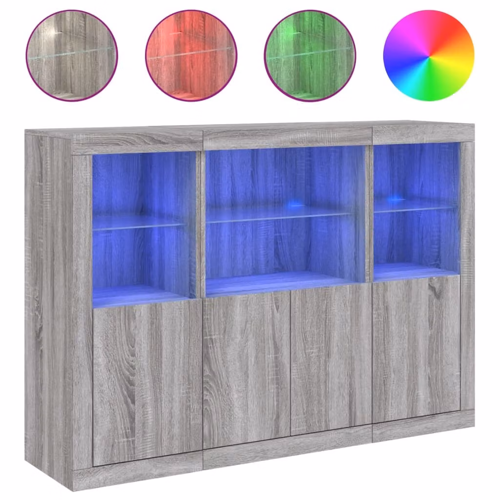 Credenze con Luci LED 3 pz Grigio Sonoma in Legno Multistrato