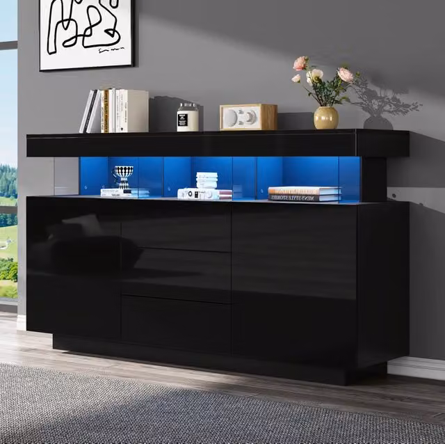 Credenza ULEVR 140x35x80 cm con LED, 3 cassetti e 2 ante scorrevoli, nero lucido