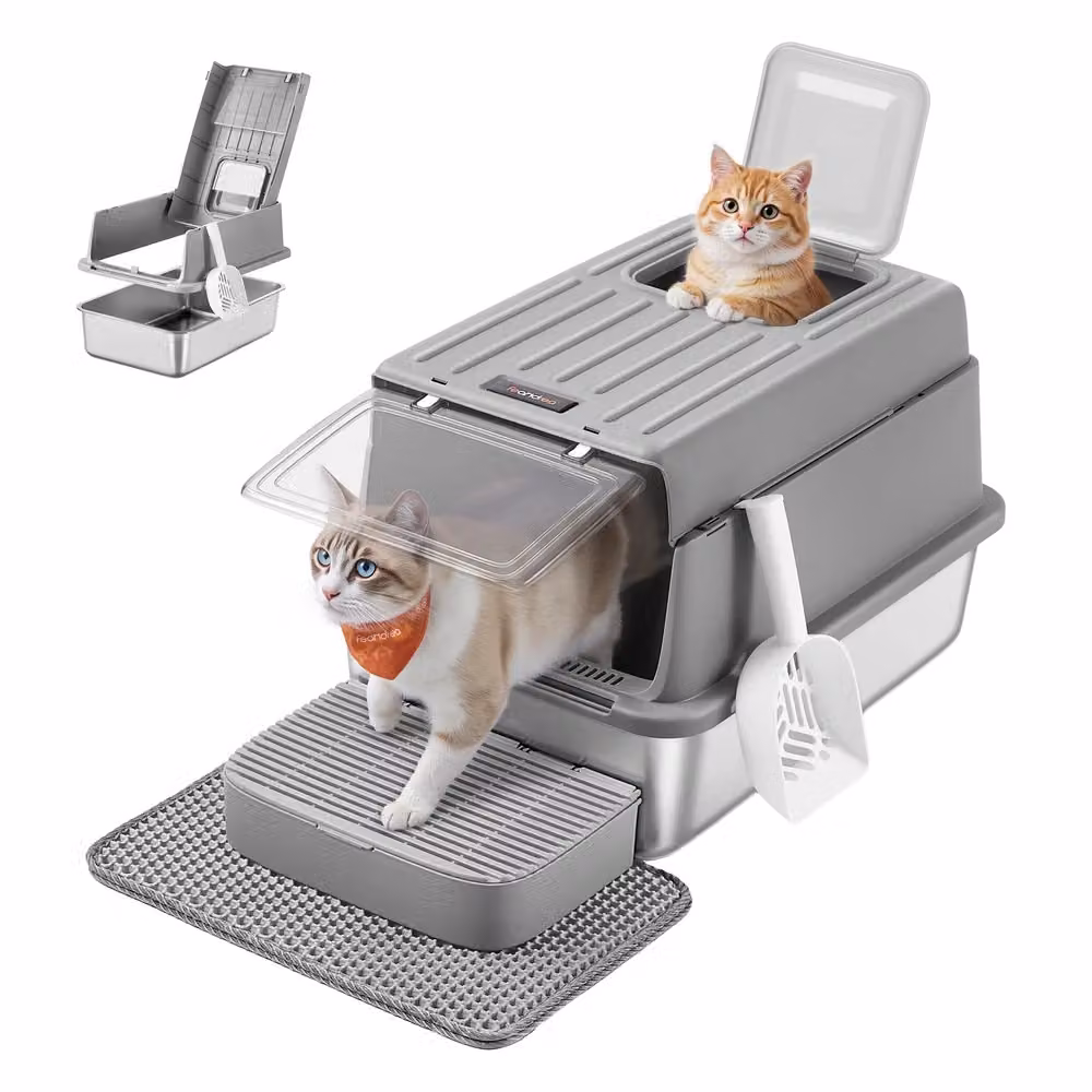 Lettiera per gatti in acciaio inox con accessori completi, Grigio Tortora
