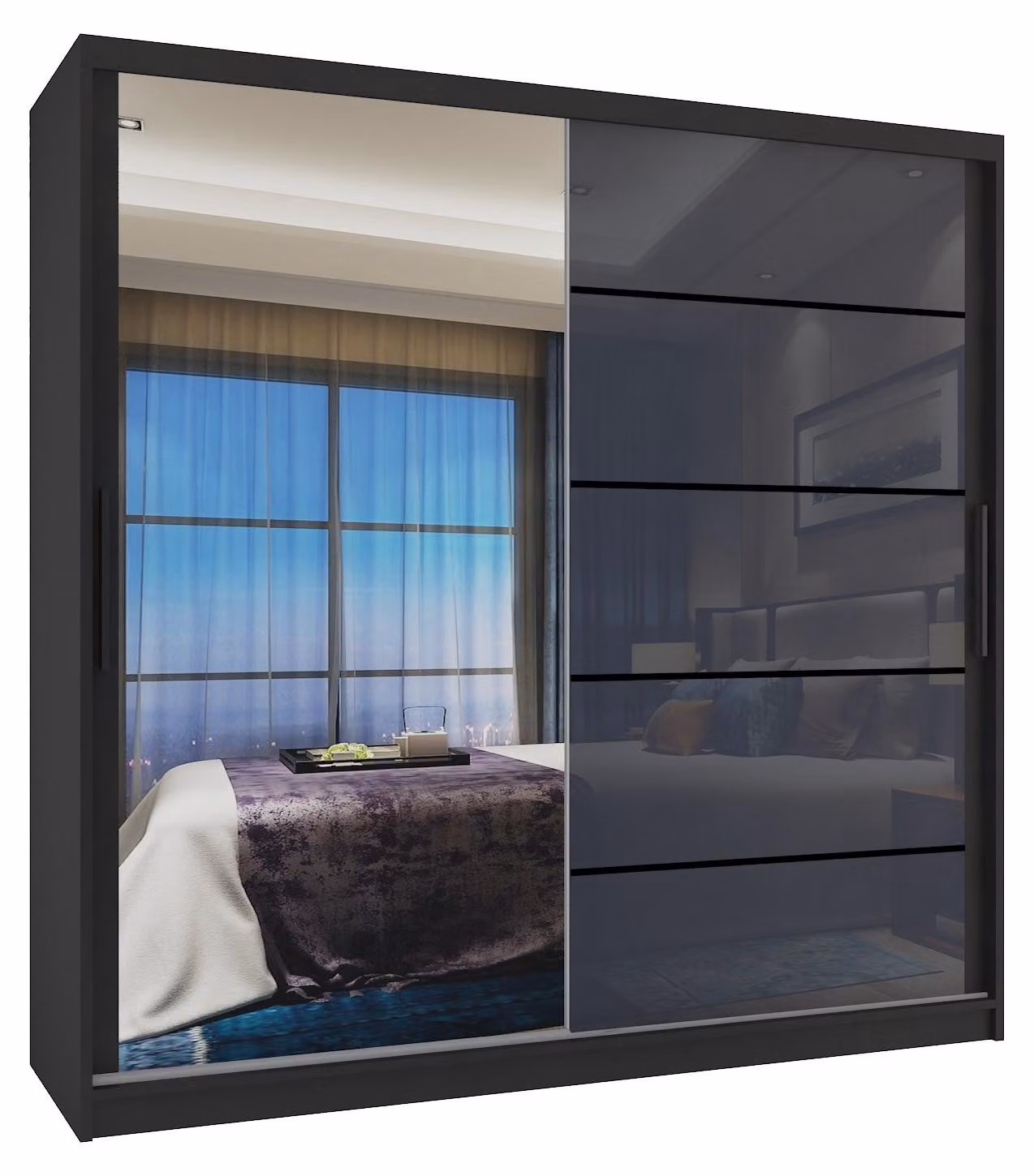 BELINI Verona, armadio scorrevole da 200 cm, nero/grigio lucido - armadio con specchio e 2 cassetti, ideale per la camera da letto