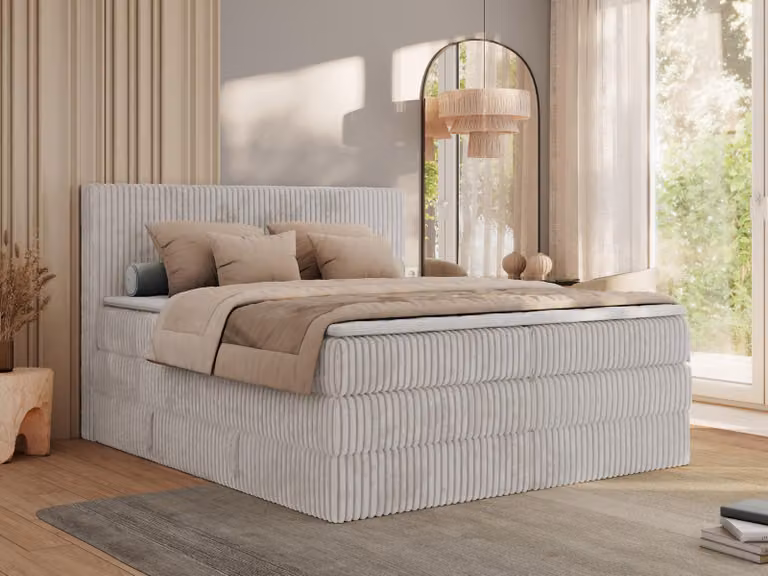 Letto continentale TILIANO KING materasso a due strati 160x200 Hard (H4), Topper Comfort foam, Grigio chiaro - tessuto a coste