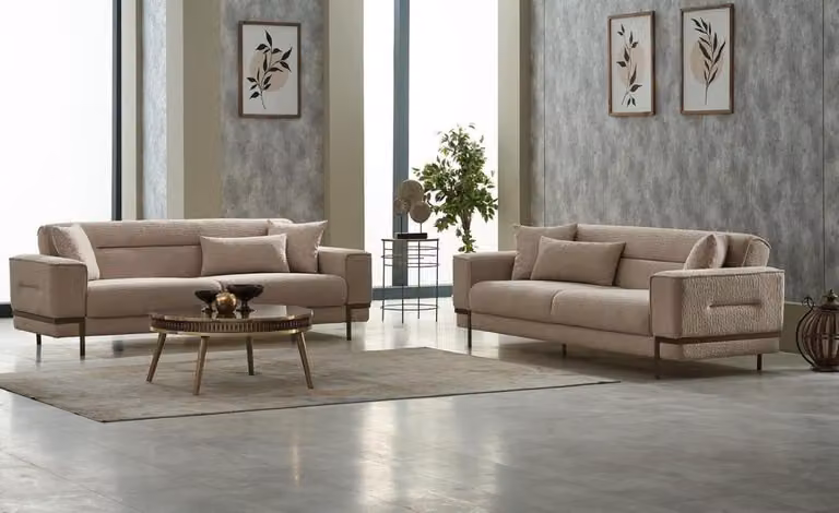 Dreisitzer Polstersofa Sofagarnitur Stoffsofa Couch Beige 2tlg Sofa