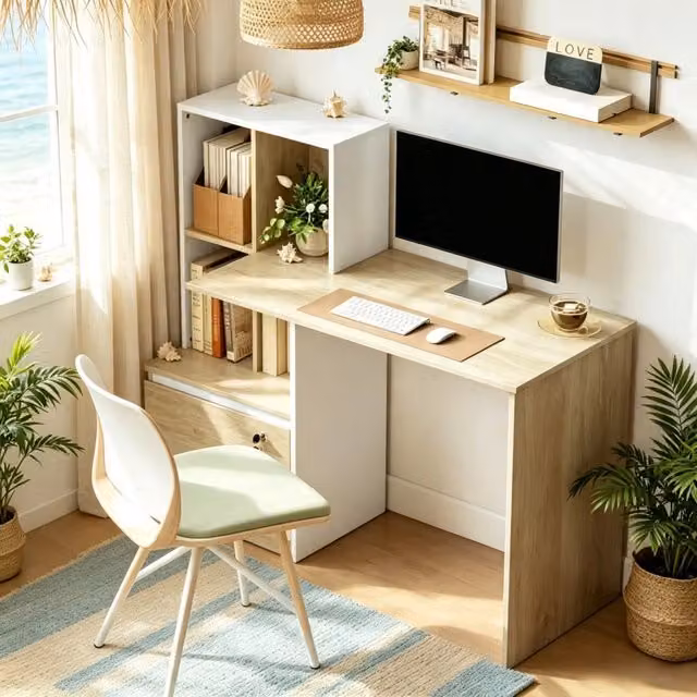 Scrivania da Computer WISHDOR Moderna in MDF e Legno, Bianco e Rovere Chiaro