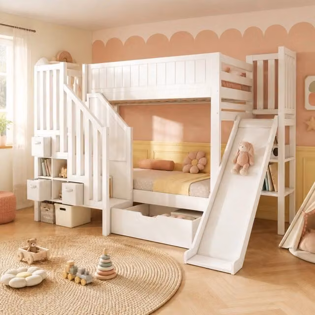 Letto a castello per bambini 90x200 cm con scivolo; scala contenitore e cassetti; bianco