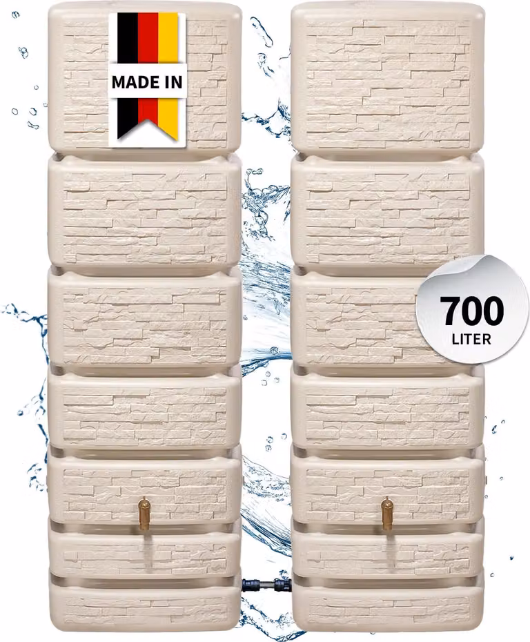 Set di serbatoi a parete 4rain SLIM STONE DECOR, capacità 700 litri, color sabbia, composto da 2 serbatoi SLIM da 350 litri ciascuno, inclusi i connettori