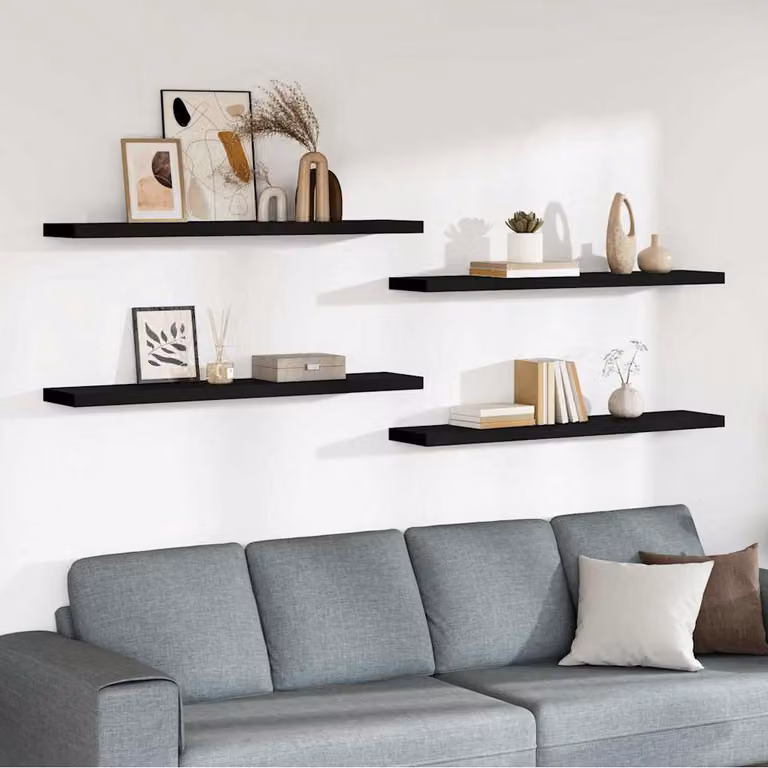 Set di 4 scaffali a parete vidaXL in MDF e metallo neri L 120 cm x P 23,5 cm x H 3,8 cm
