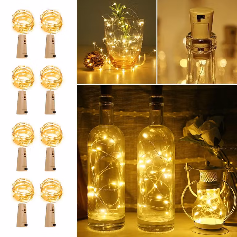 Illuminazione a LED per bottiglie con tappo, 2 metri, 20 LED, luce bianco caldo, confezione da 8