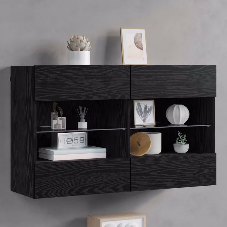 Mobile TV da parete vidaXL con illuminazione integrata, Rovere Nero e Nero, L 98,5 x P 30 x H 60,5 cm
