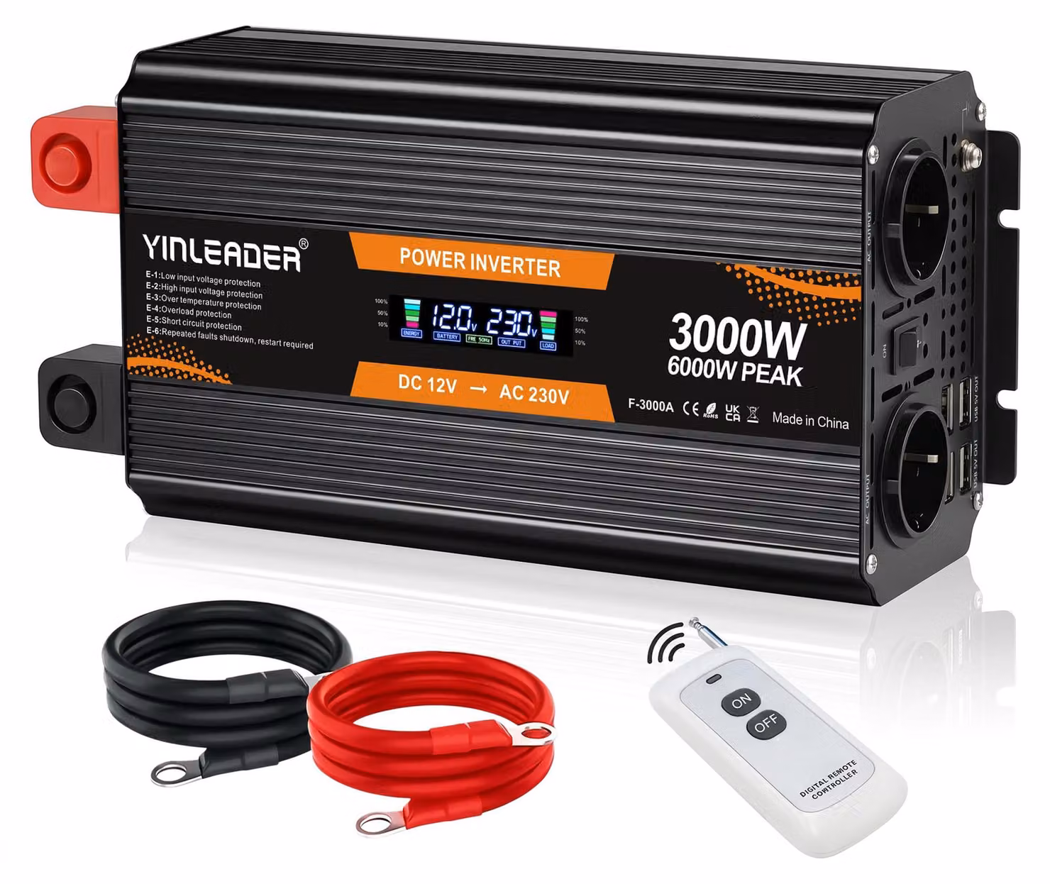 Convertitore di tensione da 12 Volt a 230 Volt, 3000 W, con display LCD, 2 prese di corrente europee e 4 porte USB