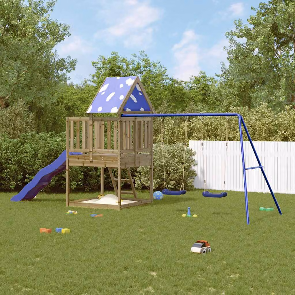 vidaXL Set da Gioco da Esterno in Legno di Pino con Scivolo, Sabbiera, Altalena e Rete di Sicurezza, Blu e Marrone – 1