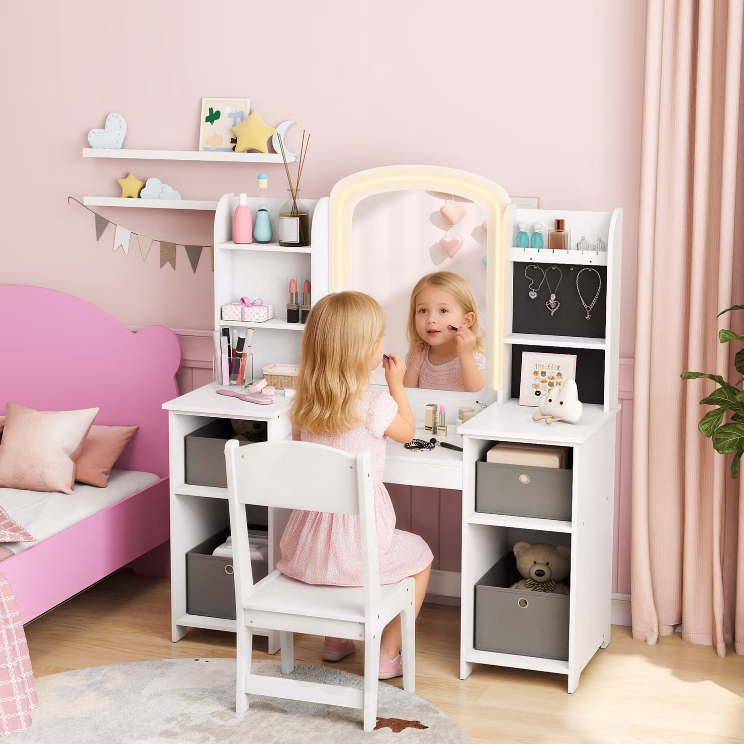 AIYAPLAY Tavolo Trucco per Bambini con Sgabello e Specchio LED, Bianco, L: 104 cm, P: 40 cm, H: 112 cm – 2