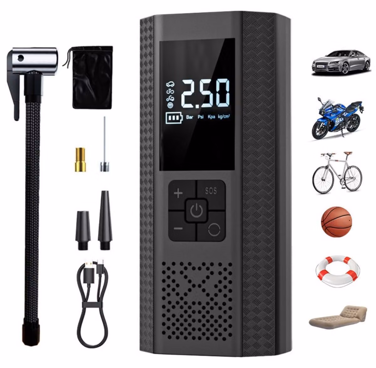 INF Gonfiatore Pneumatici Wireless VC029B - Cordless 2000mAh con Display Digitale e LED Integrata, Pompa Aria Portatile per Auto