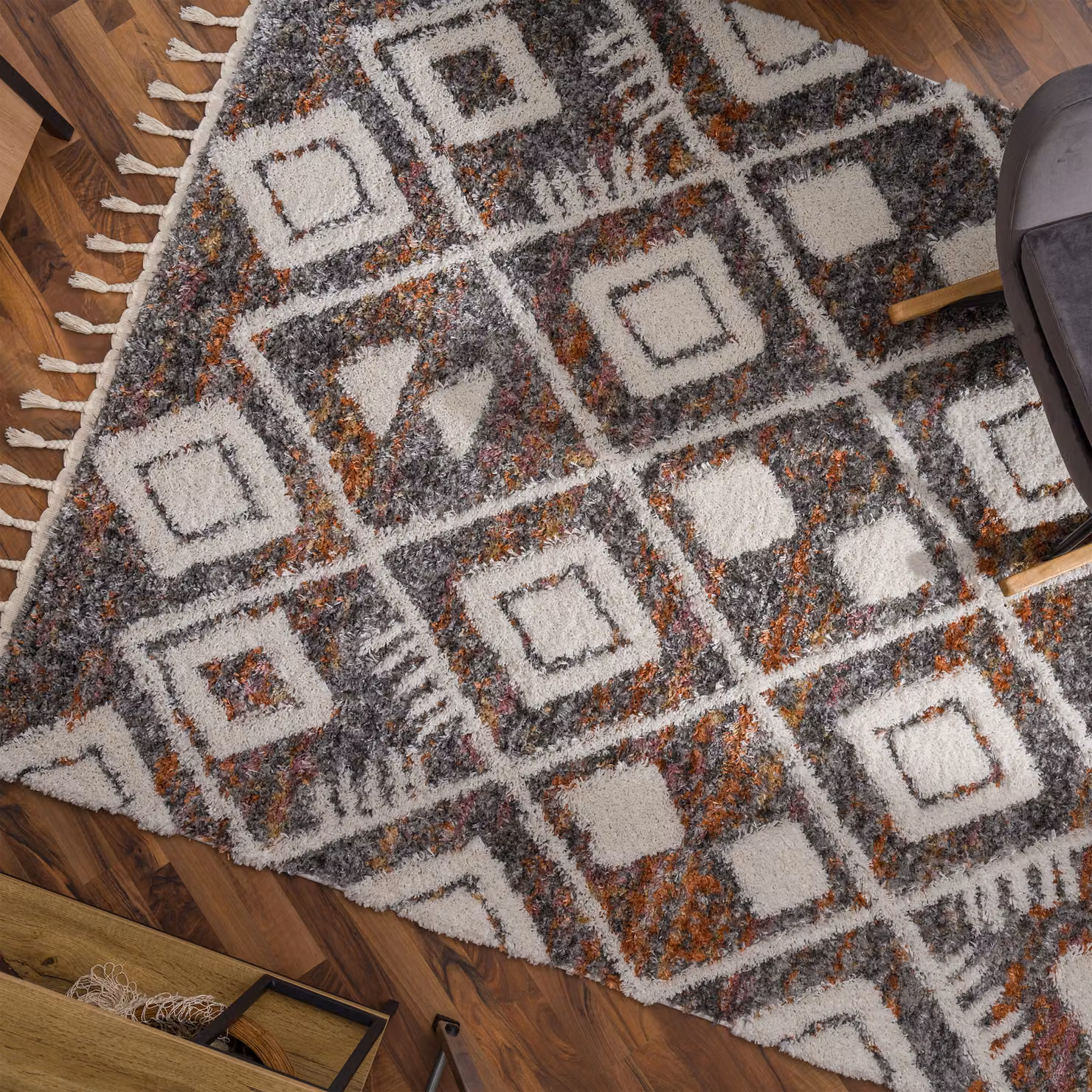 Tappeto a pelo alto Mendoza multicolore e grigio con frange in stile etnico boho L: 120 cm, P: 160 cm – 2