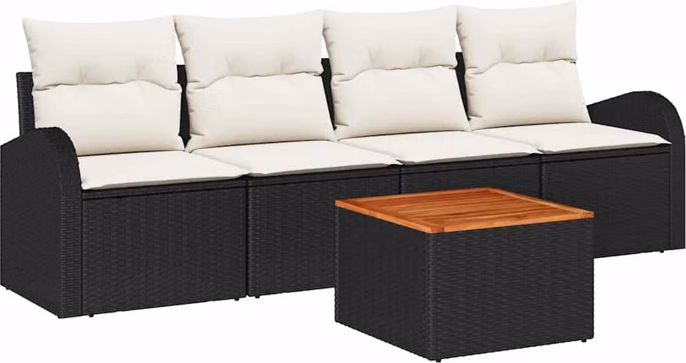Set Divano da Giardino 5 pcs Nero e Crema polyrattan