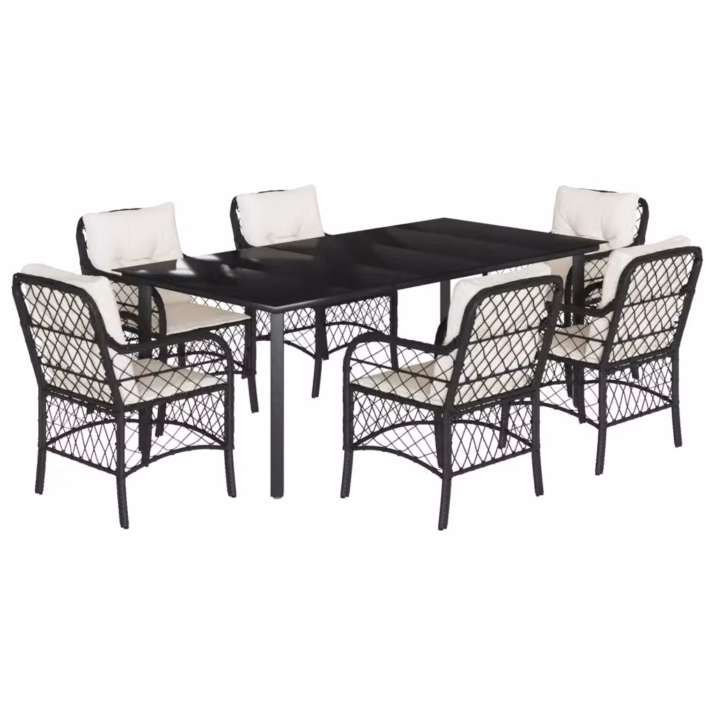 Set da Pranzo da Giardino vidaXL 7 pz in Polyrattan Nero con Piano in Vetro – 2