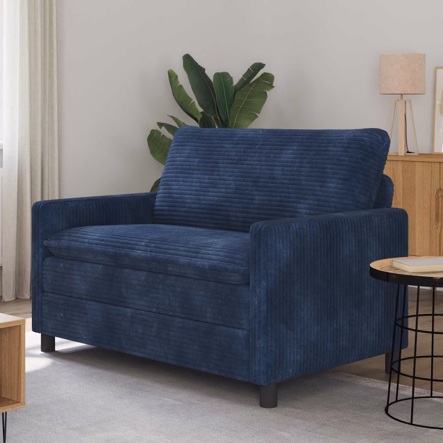 Divano moderno vidaXL in tessuto blu con struttura in metallo per il tuo soggiorno L: 126 cm, P: 81 cm, H: 87,5 cm
