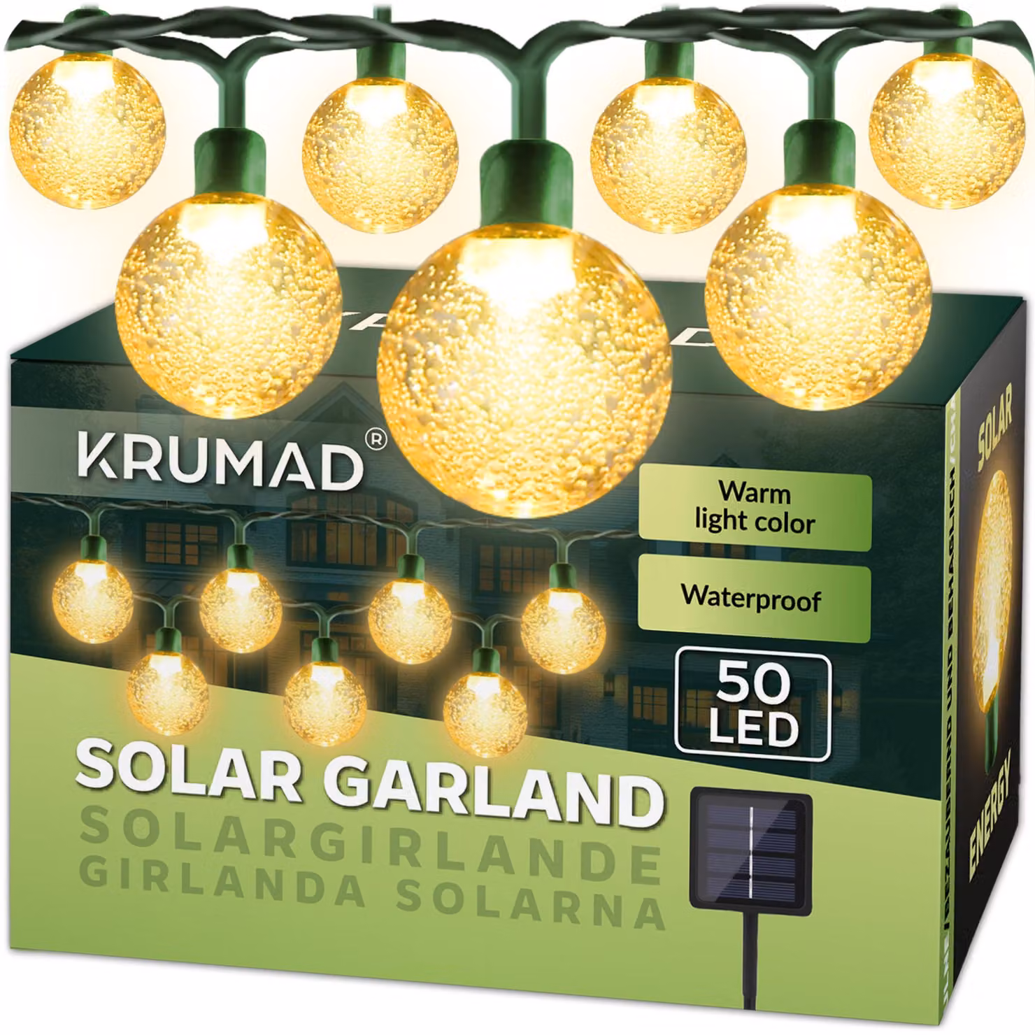 Catena luminosa solare con 50 LED, lunghezza 7 metri, luce bianco caldo, grado di protezione IP65, resistente alle intemperie