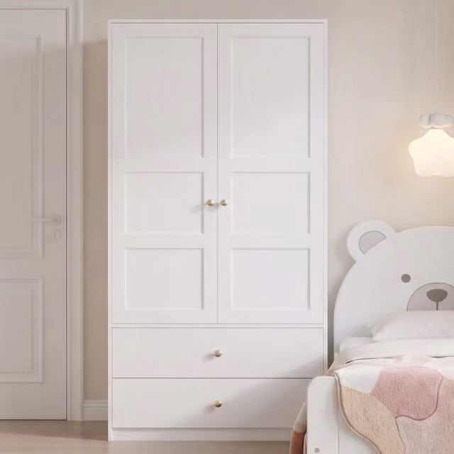 Armadio 100 x 48 x 180 cm; 2 ante; 2 cassetti; barra appendiabiti e ampio spazio contenitore per camera o dressing; design moderno; bianco