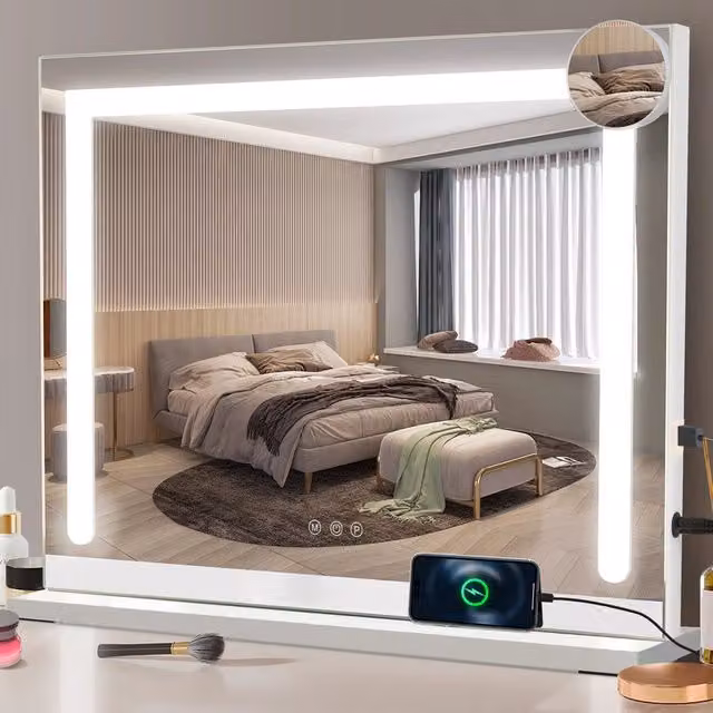ZMH Specchio da toeletta con luce LED touch dimmerabile e alimentazione USB, L: 80 cm, H: 60 cm, colore bianco